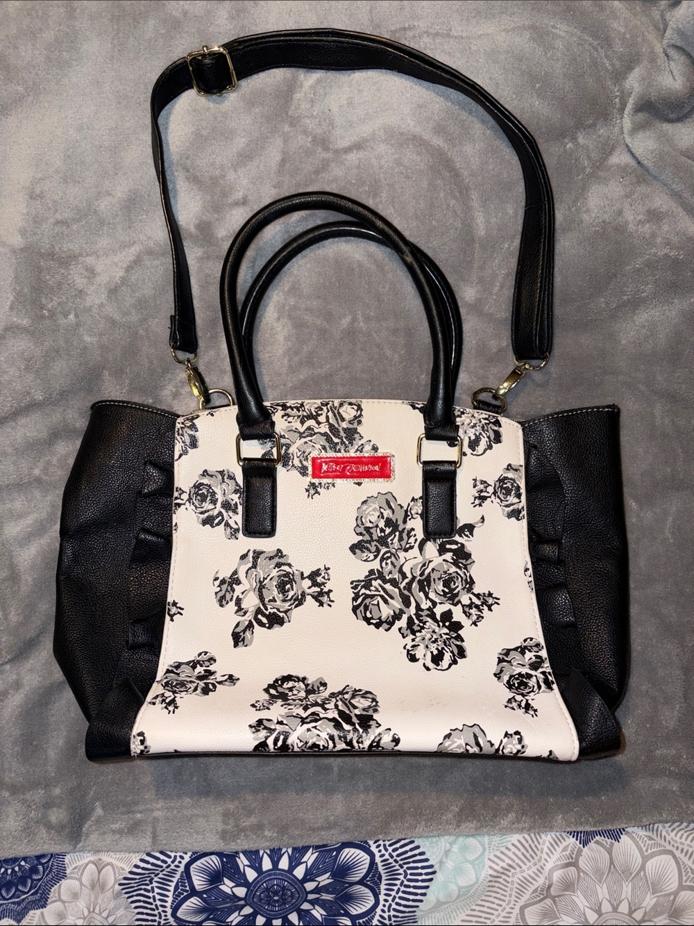 Betsey Johnson Black & White Floral Tote with Gold Hardware
